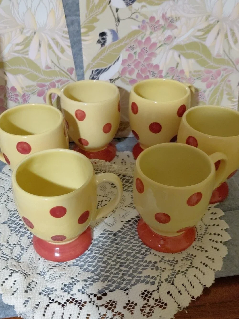 Set of 6 Yellow Ceramic Footed Mugs with Red Polka Dots